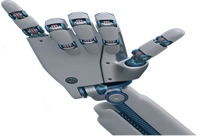 Shaka Web Design Services logo featuring a robotic hand with the pinky and thumb extended in a Hawaiian "Hang Loose" or "Shaka" symbol.